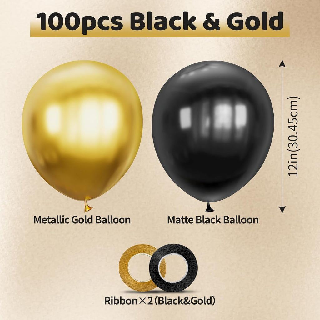 Skiennix 100pcs Black and Gold Balloons - 12 Inch Metallic Latex for Birthday & Graduation Celebrations