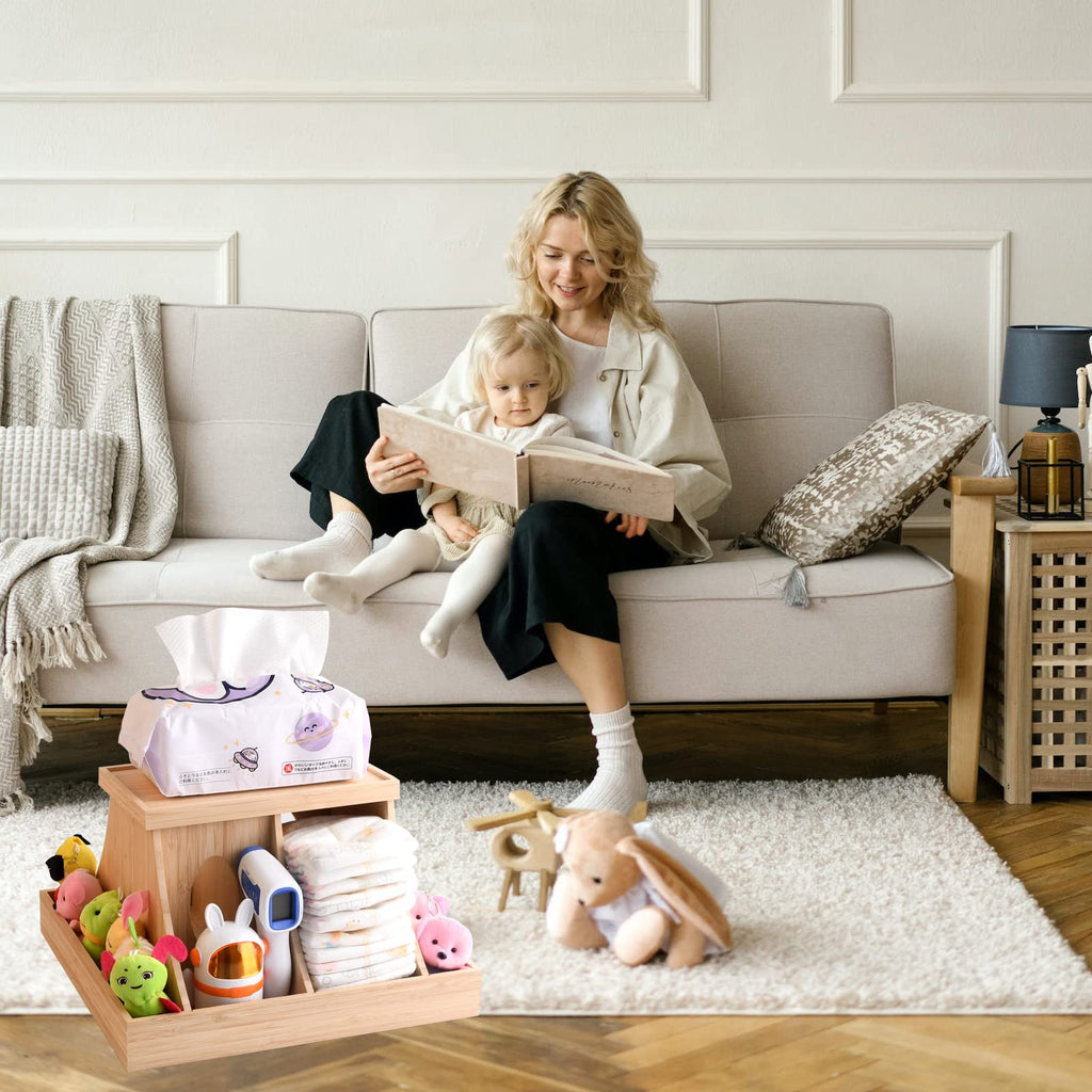 YiLiiod Wooden Baby Diaper Cabby Organizer, 360 Degrees Rotating Bamboo Cabby Storage with Removable Divides, Nursery Diaper Organizer