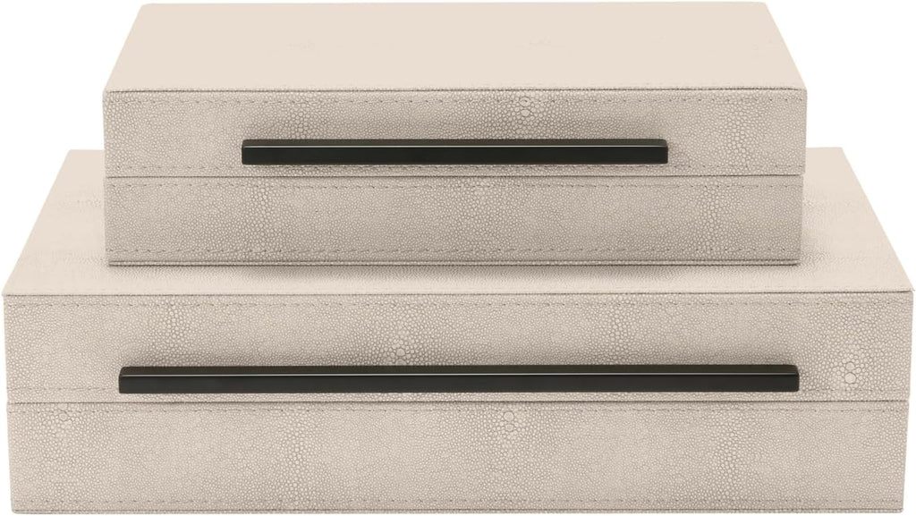 Sagala Ivory Shagreen Decorative Boxes - Set of 2 Modern Faux Leather Jewelry Organizers | Black Metal Handles