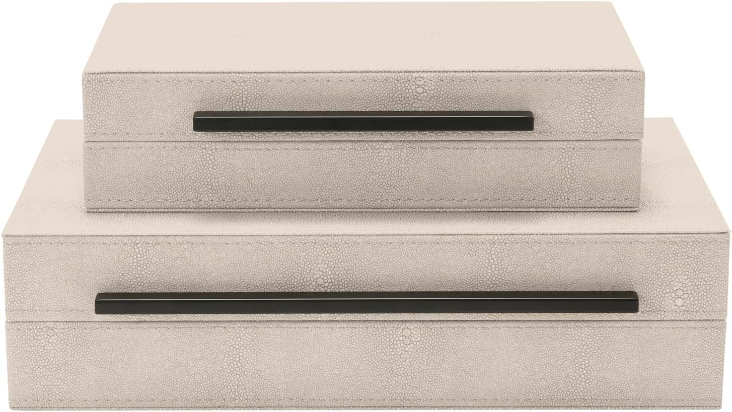 Sagala Ivory Shagreen Decorative Boxes - Set of 2 Modern Faux Leather Jewelry Organizers | Black Metal Handles