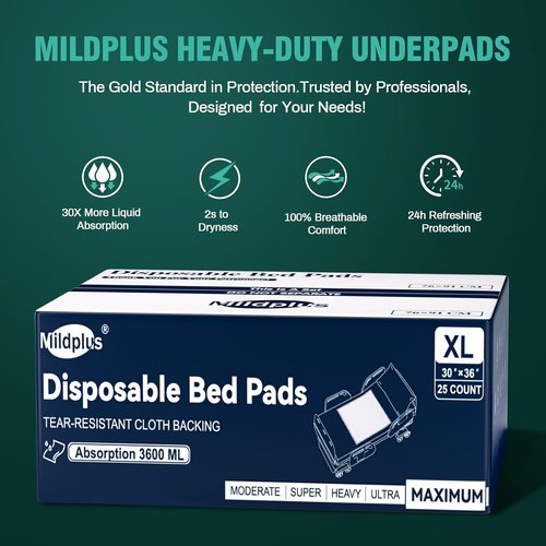 MILDPLUS Heavy Duty Underpads - Ultra Absorbent 30" x 36" Disposable Bed Pads | 25 Count, Tear-Resistant