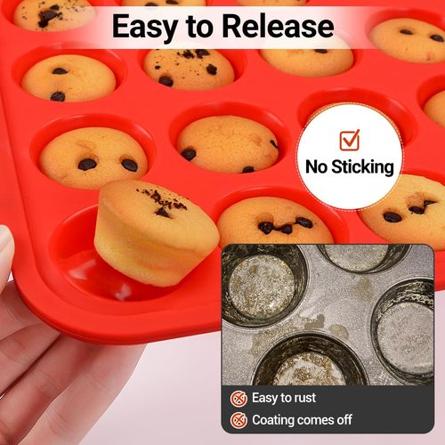 CAKETIME Silicone Mini Muffin Pan - 24-Cup BPA-Free Muffin Molds with Metal Reinforced Frame | Red, 2-Pack