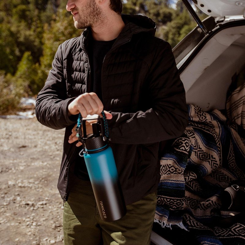 YONICOER Insulated Water Bottle 40oz,Triple Wall Vacuum Stainless Steel(Dishwasher Safe),Leak Proof & Non-BPA,Flask Jug with Paracord Handle & Straw Spout Lids Sports Gradient indigo blue/black
