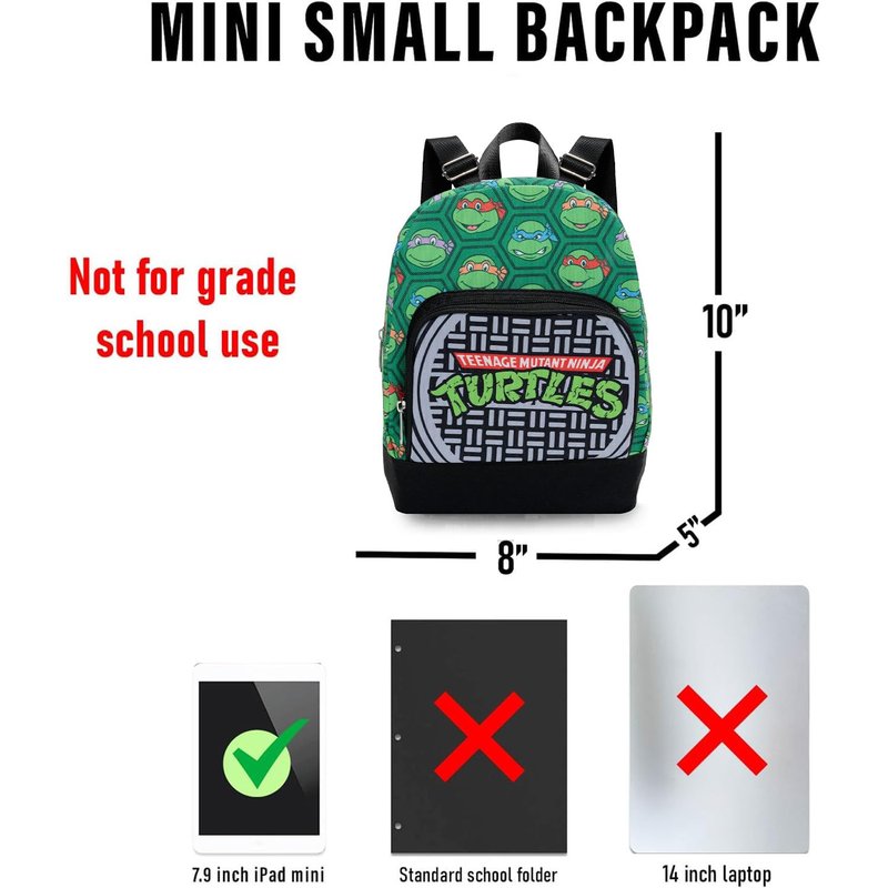 Teenage Mutant Ninja Turtles Mini Backpack - 10" Iconic Woven Small Backpack with Front Pocket and Bookmark Bundle | Adjusts to Fit Kids, Toddlers, Teens, Adults, Boys