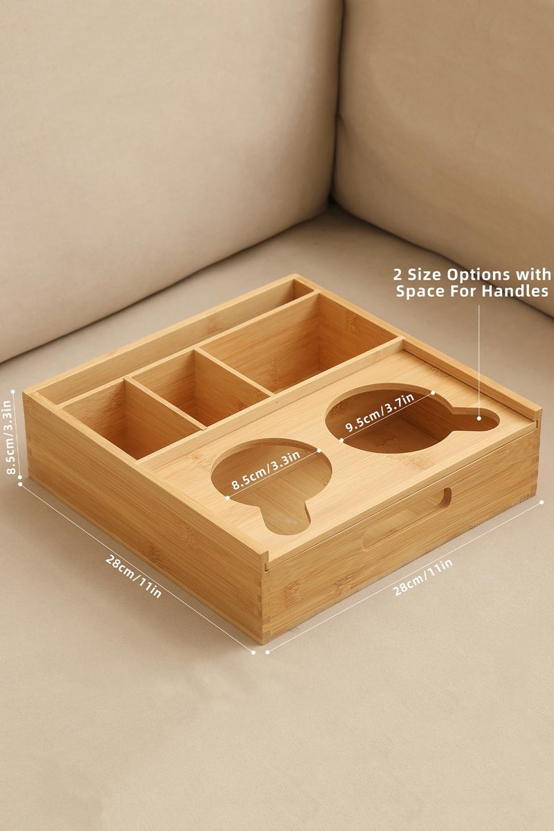 ROCDEER Couch Caddy,Bamboo Couch Cup Holder Tray with 6 Compartments, Sofa and Bed Organizer for Drinks, Snacks, and Remotes