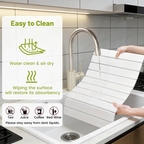 Large Stone Dish Drying Mat for Kitchen Counter, 24"×16" Collapsible Quick Dry Stone Dish Mats, Eco-Friendly, Super Absorbent Diatomaceous Earth Mats for Bottles Cups Dishes, Match Any Countertop