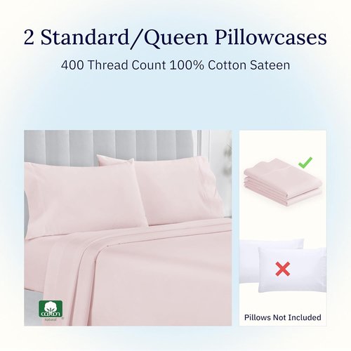 California Design Den Pillowcase Set | Standard Queen Size, 400 Thread Count, 100% Cotton Sateen, Soft & Breathable - Pink