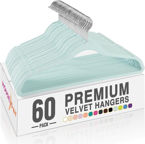 HOUSE DAY Sky Blue Velvet Hangers - 60 Pack Non-Slip Heavy Duty Suit Hangers | Premium Space-Saving Design