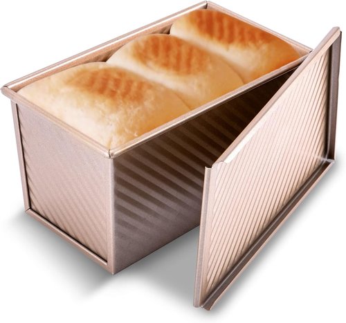 KITESSENSU Pullman Loaf Pan - Non-Stick Carbon Steel Bakeware with Lid | 1 lb Dough Capacity, Gold