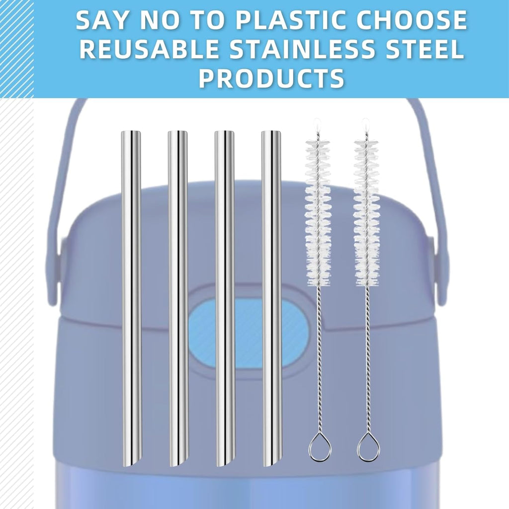 THERMOS Replacement Metal Straws - Reusable Stainless Steel for 12 Ounce FUNtainer | 4 Straws + 2 Brushes