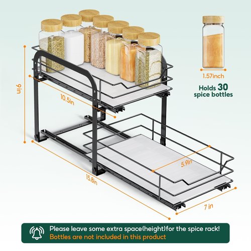 AHOMSEL Spice Rack Organizer for Cabinet - 2-Tier Vertical Pull Out Spice Rack, Heavy Duty Metal Spice Shelf with Easy to Install Design, Fits Countertop, Cabinet & Pantry(7" W×10.5" D×9" H, Black)