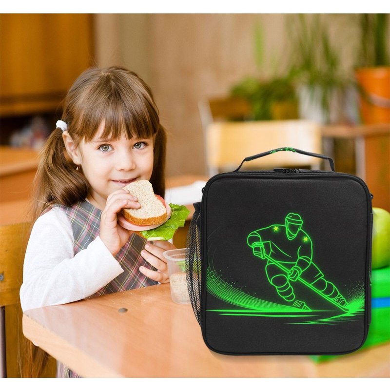 Pfrewn Hockey Player Lunch Box for Kids Green Neon Hockey Sport Insulated Lunch Bag Reusable Cooler Meal Prep Bags Lunch Tote with Shoulder Strap for Boys Girls School Office Adult