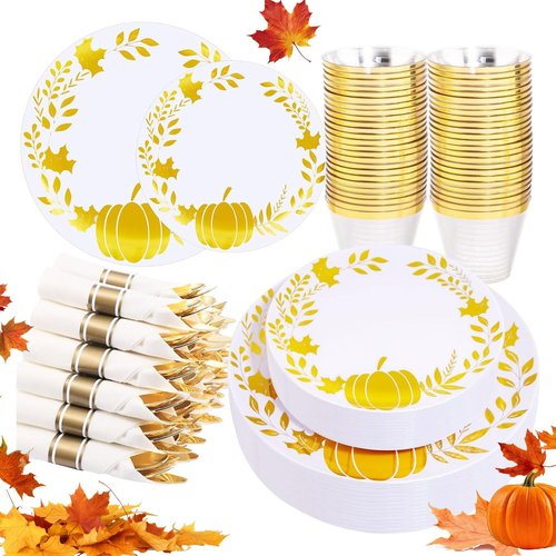 Ciaell 175PCS Thanksgiving Plastic Plate - Disposable Dinnerware Set - White and Gold Plastic Plates Include 50Plates, 75Silverware, 25Cups, 25Napkins for Thanksgiving & Party