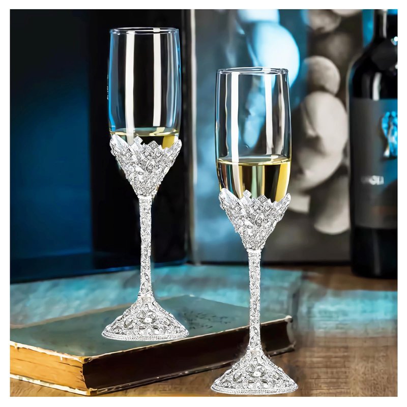 Popgege Wedding Champagne Flutes Set of 2 - Metal Base With Crystal Stones, Glasses for Bride and Groom, Engagement Gifts, Party, Anniversary, Christmas - 7oz