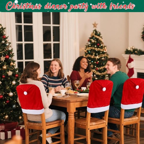 Hongsome Christmas Chair Back Covers - Set of 4 Cute Santa Hat Designs for Holiday Dining Decor