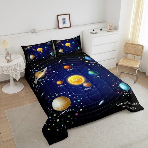 Erosebridal Kids Outer Space Comforter Set, Boys Starry Sky Galaxy Duvet Sets Full Size Planet Space Down Comforter for Girls Teens Adult Bedroom Decor, Solar System Cosmos Bedding Set, Blue Purple