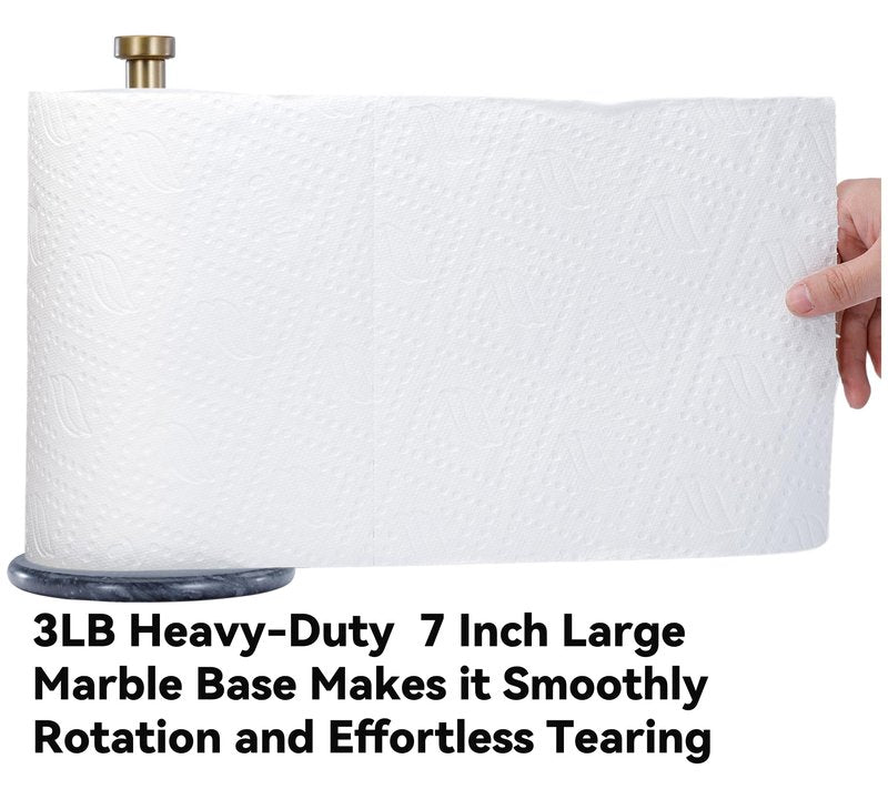 QiYueZaiYe Natural Marble Paper Towel Holder with Metal Rod - 7" Extra Large Base Fits Jumbo Rolls - 2.8 lbs Heavyweight for One-Handed Tearing - Modern Standing Kitchen Towel Rack - Gold/Silver