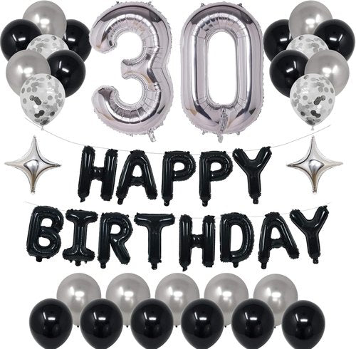 30th Birthday Party Decorations | Black & Silver Theme with Balloons & Banner for Men & Women