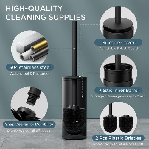 FORIOUS Toilet Brush Set - Heavy Duty 304 Stainless Steel Base with Long Handle & 2 Brush Heads | Black