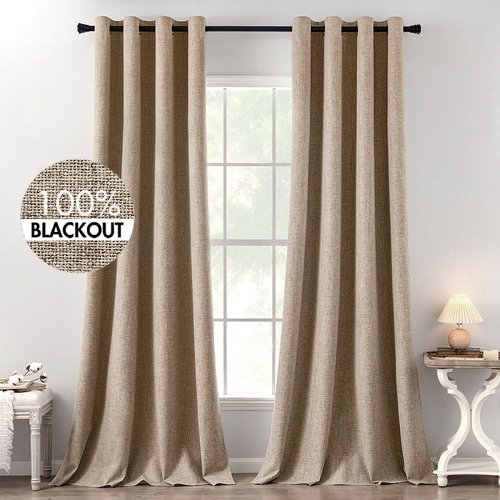 MIULEE 100% Blackout Linen Textured Curtains - Thermal Insulated Copper Brown Drapes | 52 x 120 Inch (2 Panels)