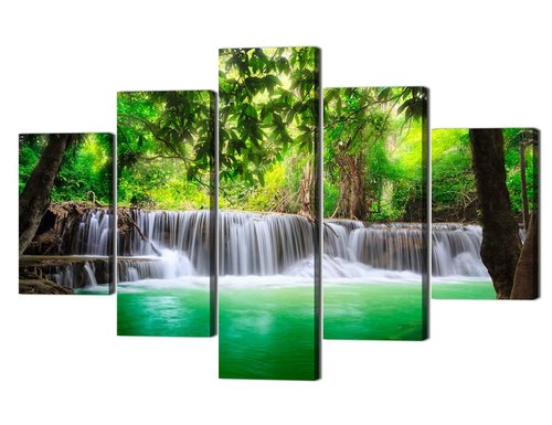 5 Panels Large Waterfall Canvas Painting Beautiful Green Forest Wall Art Stream Water Scenery Picture Nature Poster Print Wooden Artwork Home Decor for Living Room Bedroom Office Framed (60''Wx40''H)