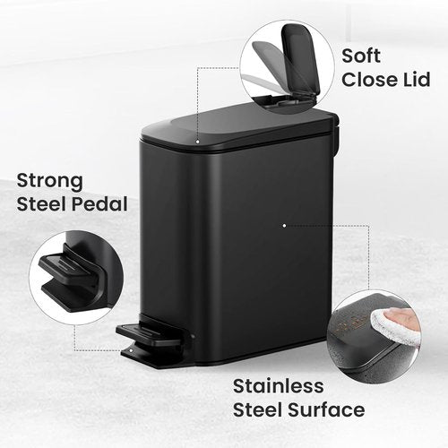 Cesun Small Bathroom Trash Can - Soft Close Lid & Step Pedal, 6L Stainless Steel | Anti-Fingerprint Matt Black