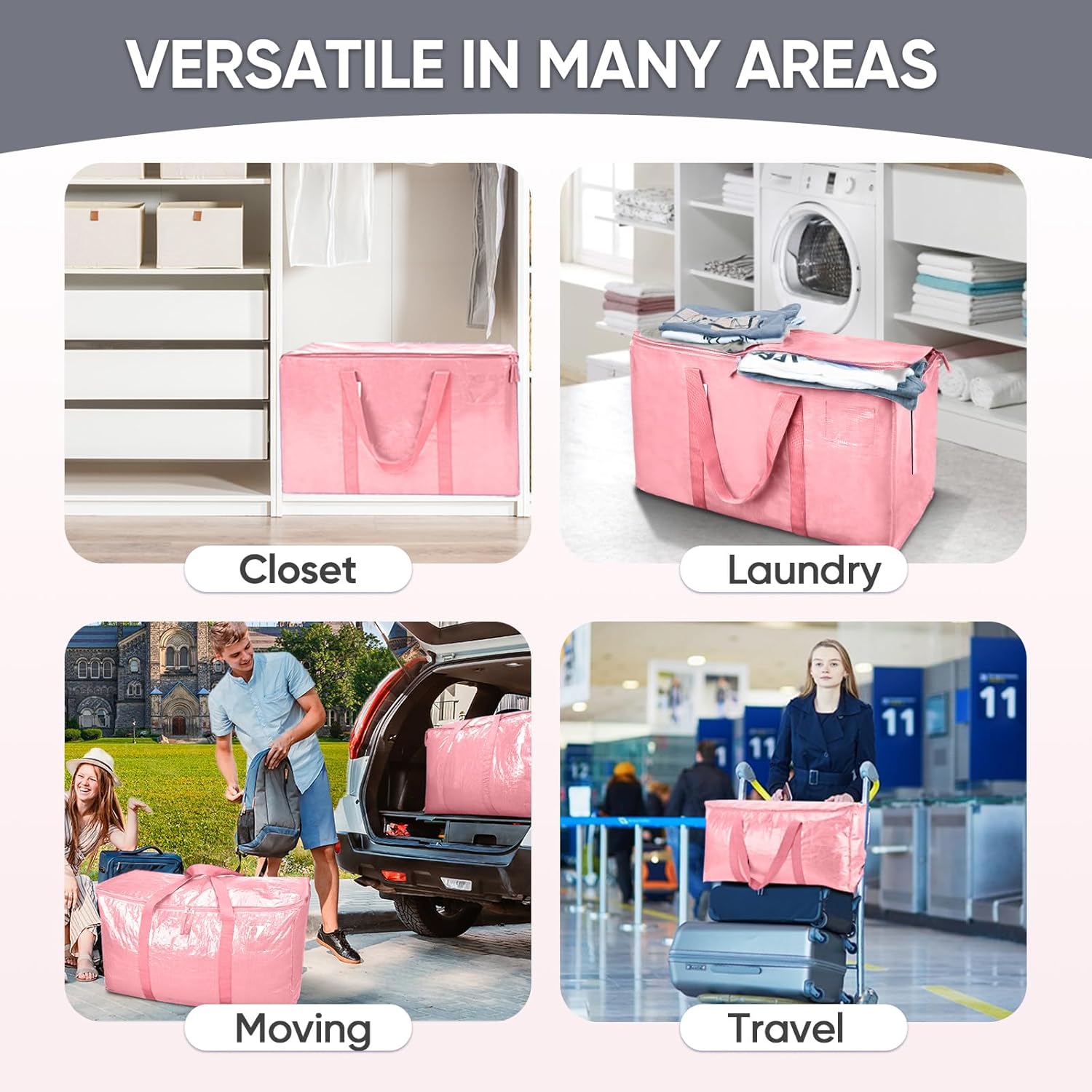 TICONN Extra Large Heavy Duty Moving Bags - Durable Storage with Zippers & Handles | 8 Pack, Coral