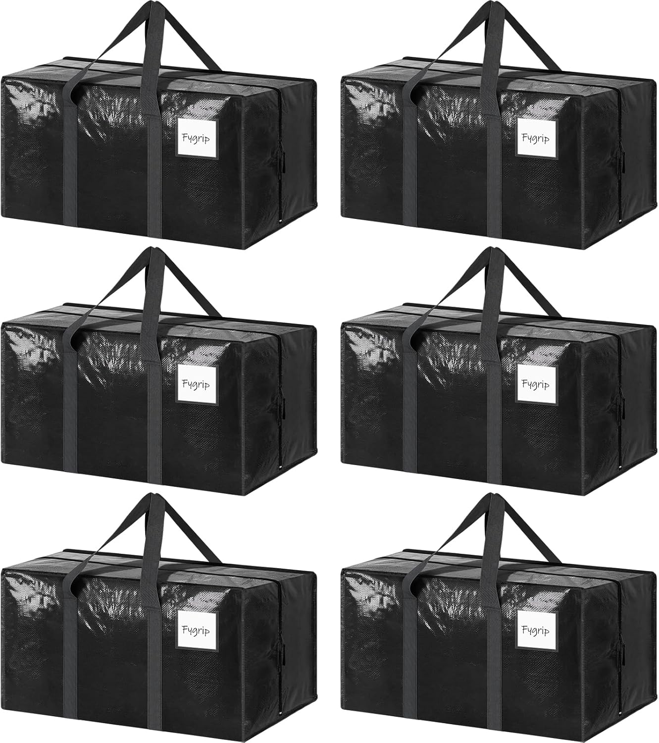 Skiennix Extra Heavy Duty Moving Bags - 6 Pack with Strong Zipper & Comfortable Handles | Durable Black Storage Totes