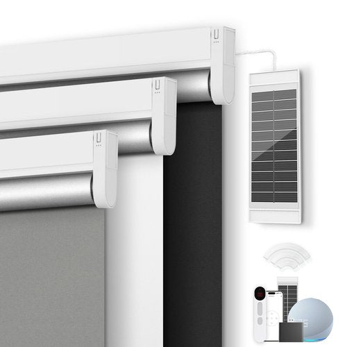 Motorized Blackout Smart Roller Blinds with Remote Control & Solar Panel - Automatic Electric Shades for Windows, Compatible with Alexa - White,32" W*72" H