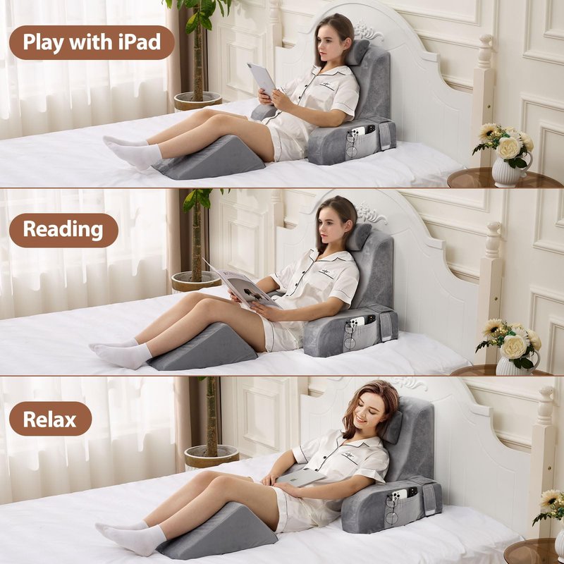 NIAOMAOGOU Reading Pillow for Sitting in Bed Adult, Back Pillow for Sitting Up in Bed with Arm Rest and Knee Rest, Suitable for Gaming,Watching TV on Floor, 19in 5Pcs, Grey