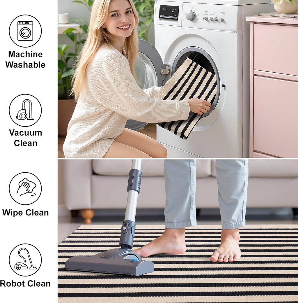 OLANLY Striped Rug - Washable Beige and Black Cotton Doormat 4' x 6' for Indoor/Outdoor Use
