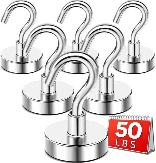 DIYMAG Magnetic Hooks - 50lbs Heavy Duty N52 Rare Earth Magnets for Fridge & Home | 6 Pack