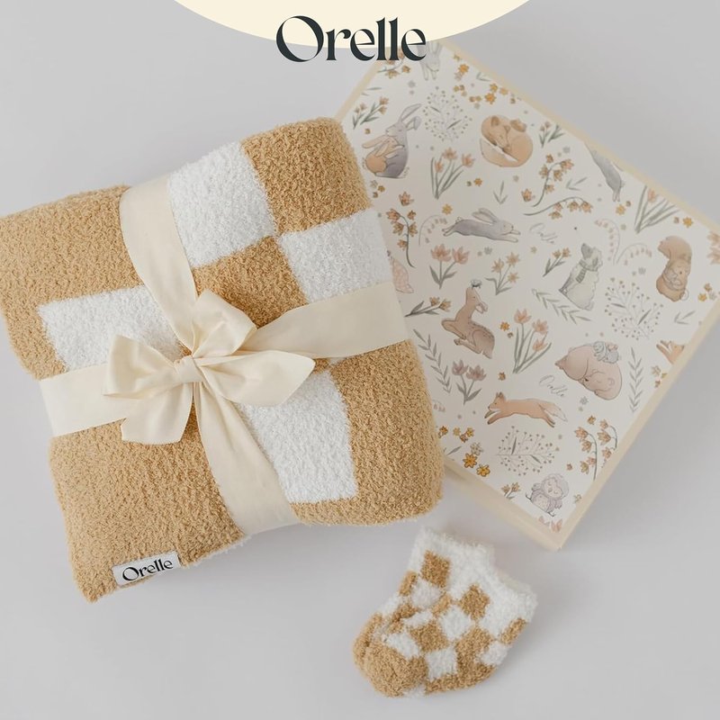 Orelle Checkered Baby Blanket & Matching Socks Set | Plush Baby Blanket | Luxury Ultra-Soft & Cozy Receiving Blanket | Newborn Gift & Registry Must-Have | 30x40” | Brown