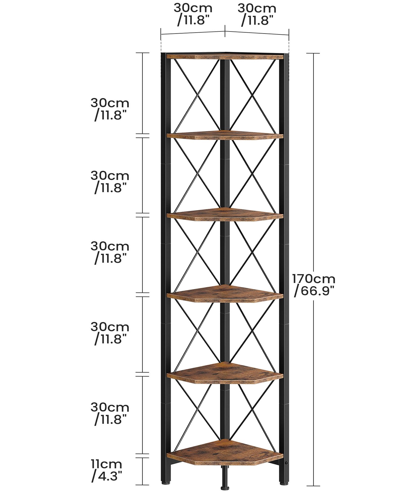 CHOEZON 6-Tier Corner Shelf, Corner Bookcase, 66.9" Tall Vertical Display Rack, Plant Stand, Open Storage Shelf, for Living Room, Bedroom, Study, Kitchen, Rustic Brown and Black TCJ13BF