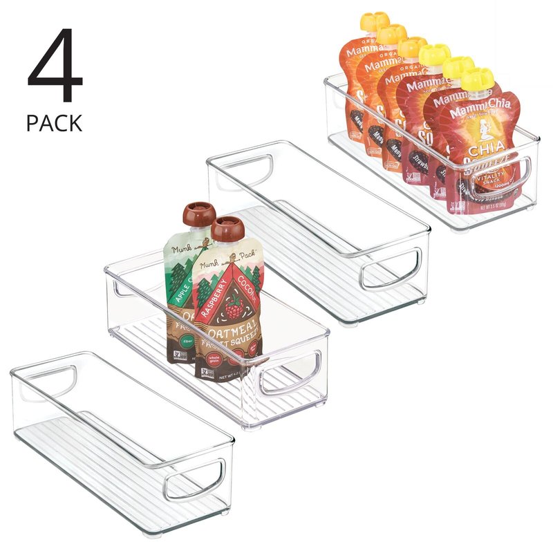 mDesign Plastic Stackable Small Organizing Bin Kitchen Pantry Cabinet, Refrigerator, Freezer Food Organization Storage Bins with Handles, Drawer Container Organizer, Ligne Collection, 4 Pack - Clear