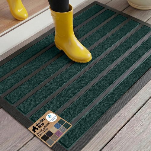 GORILLA GRIP Waterproof All-Season WeatherMAX Doormat - Natural Rubber, Stain Resistant, 29x17, Green Stripe