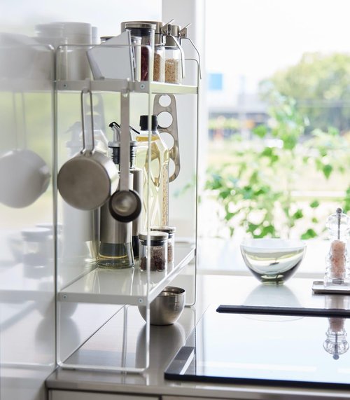 Yamazaki Home Tower Compact 2-Shelf Kitchen Storage Rack | Easy-To-Clean Design, Versatile Hooks - Steel