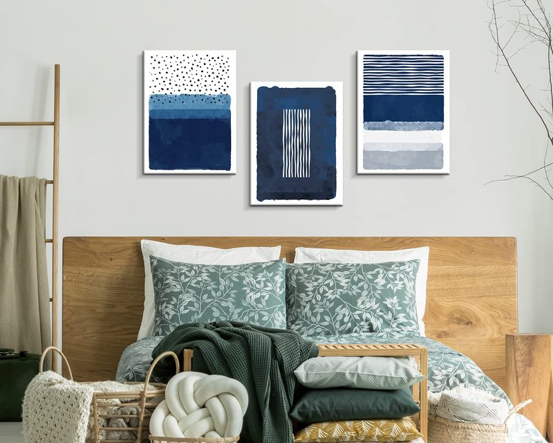 Creoate Blue Canvas Wall Art 3 Pieces - Abstract Blue White Painting Framed Print for Living Room Bedroom Decor Navy 16x24 Inch