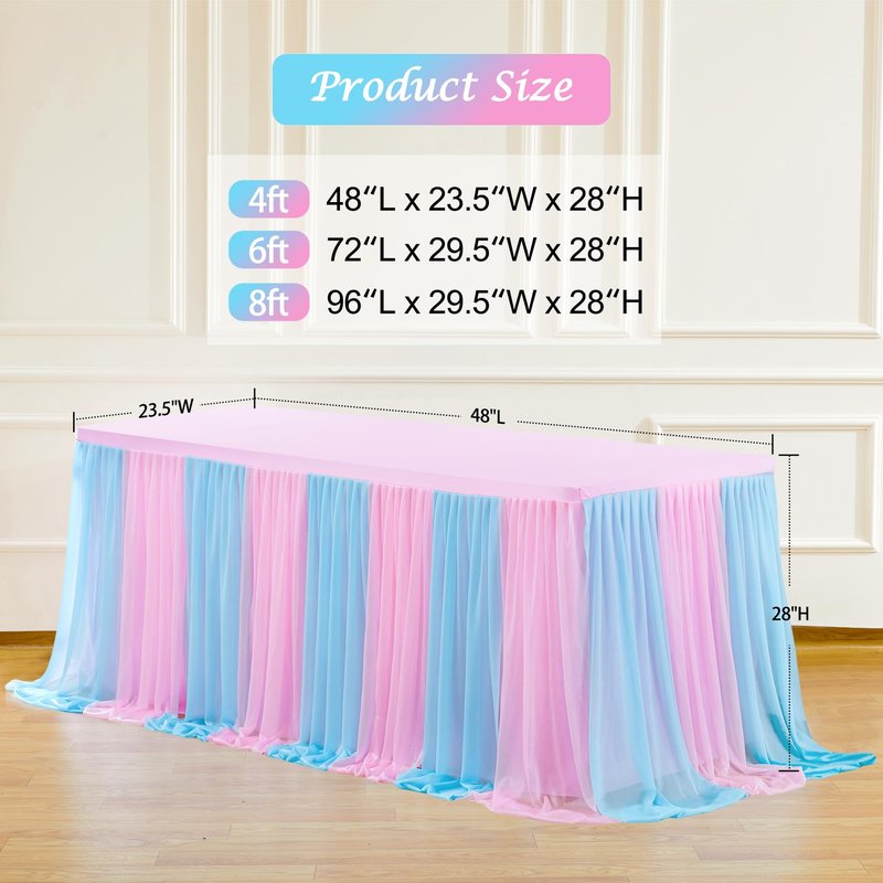 Pink Blue Tulle Tablecloth 4Pack Stretchable Cross Table Cover 3 Sides for Wedding, Birthday, Party Decor, Banquet, Bridal Shower Fits Rectangle Tables 6ft
