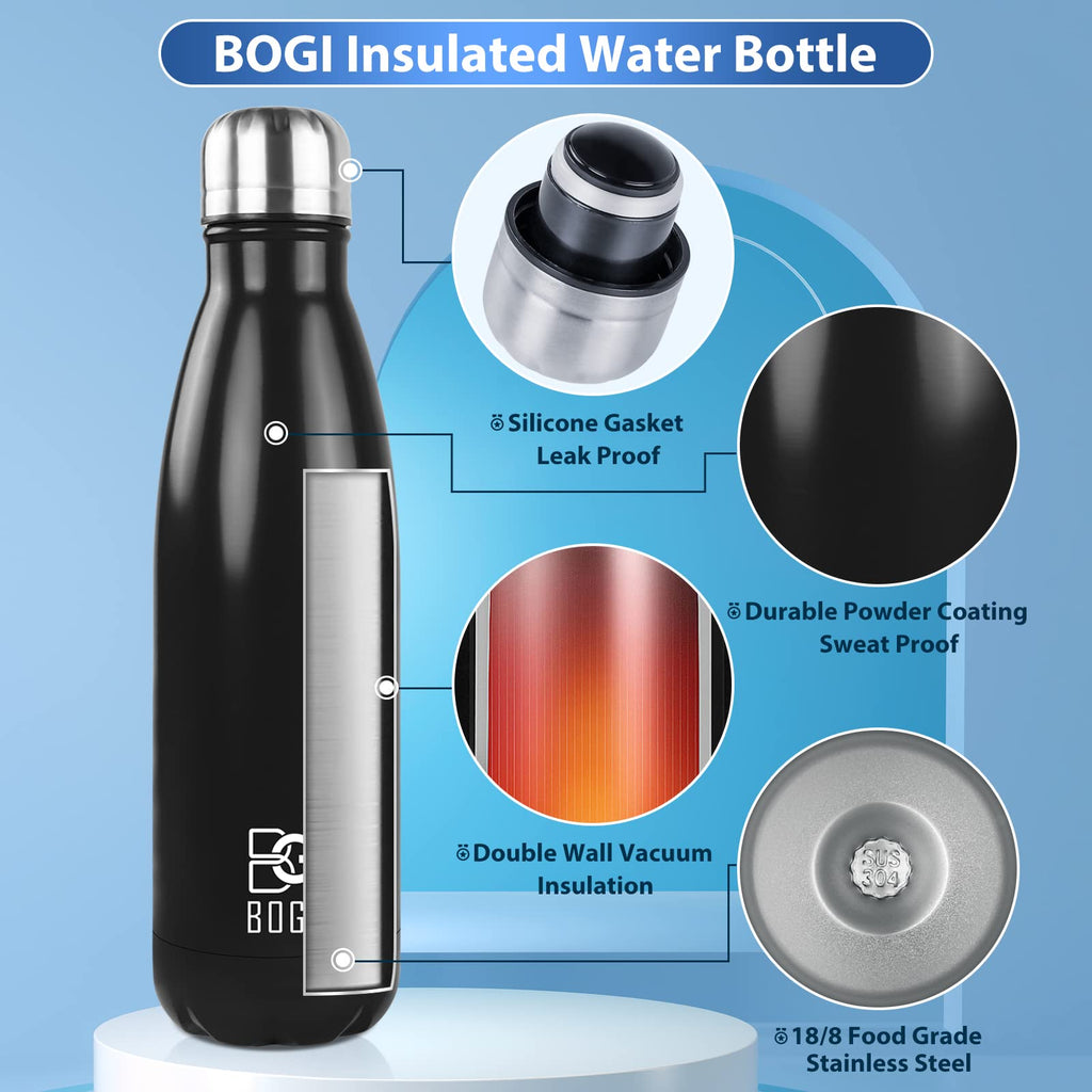 BOGI Insulated Water Bottle, 17oz Stainless Steel Water Bottles, Leak Proof Sports Metal Water Bottles Keep Drink Cold for 24 Hours and Hot for 12 Hours BPA Free kids water bottle for School (Black)