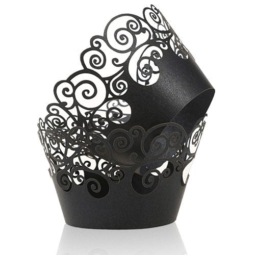 Cupcake Wrappers, KPOSIYA 100 Pack Cupcake Wraps Filigree Artistic Bake Cake Paper Cup Little Vine Laser Cut Liner Baking Cups Muffin Case Trays for Wedding Party Birthday Decoration (100, Black)