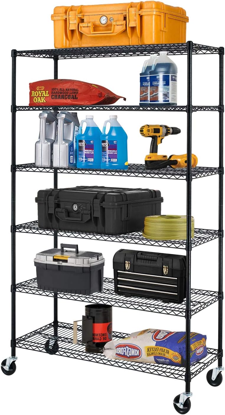 BestOffice 6-Tier Wire Storage Shelves - Heavy-Duty Metal Racks with Wheels | 18x48x78 | Adjustable, Holds Up to 600 lbs | Easy No-Tool Assembly for Home & Garage