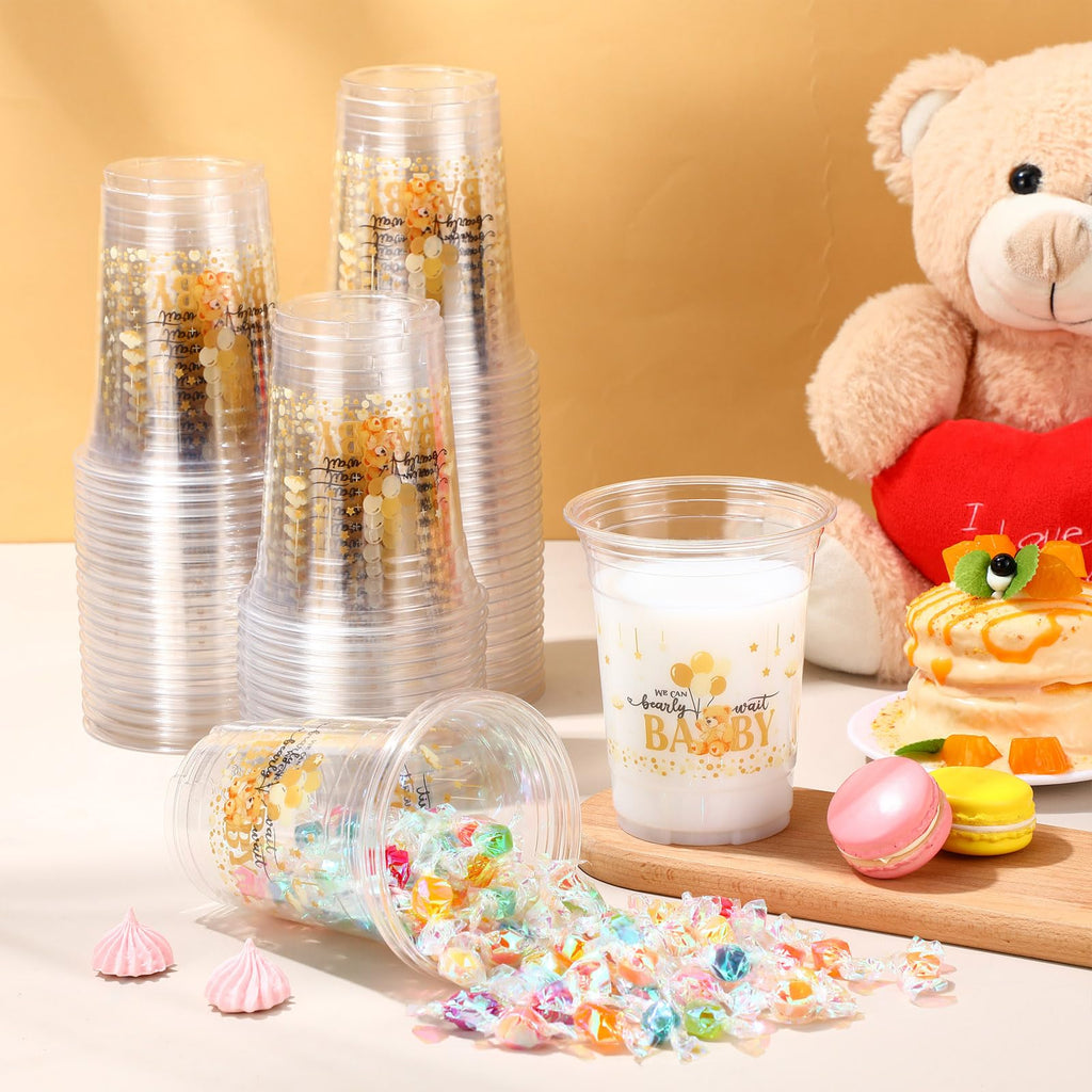 Funnymoom 60 Pcs Brown Bear Plastic Cups 16 oz Disposable Clear Baby Shower Drinking Cups for Bee Theme Party Gender Reveal Supplies Decoration