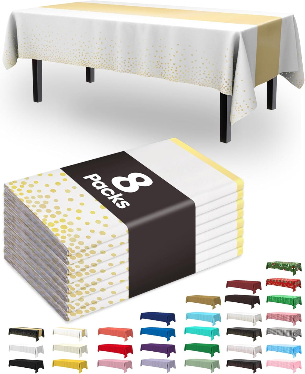 Pureegg Disposable Plastic Tablecloths - 8 Pack, 54 x 108 Inch, Leakproof & Sturdy for Graduation Parties | White Gold