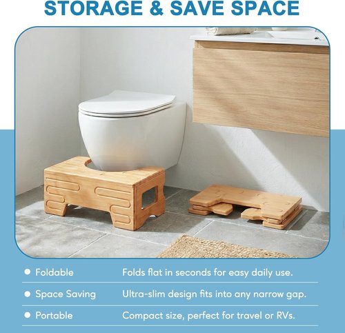 Bamboo Foldable Toilet Stool - Adjustable 7" & 9" Heights, Non-Slip Design for Kids & Adults | Compact & Space-Saving Natural Color