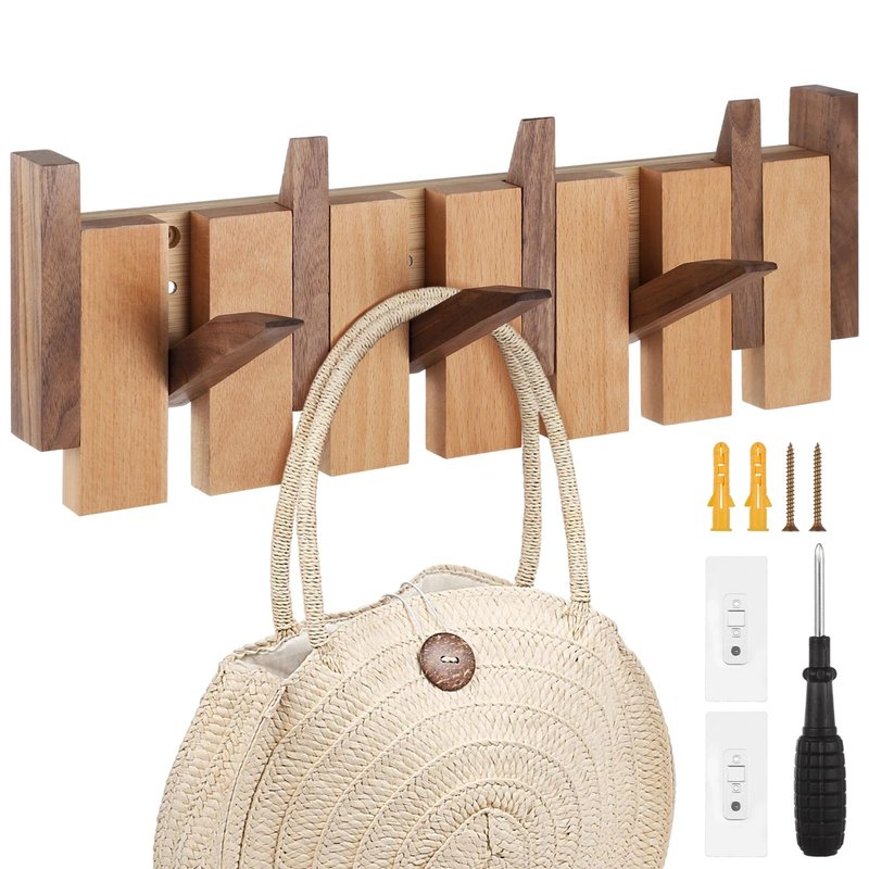 OMISTAR Wooden Coat Rack Wall Mounted, Piano Wall Coat Rack with 6 Hooks, Entryway Wall Hook for Hats, Keys, Towels, Bags, Home Decor