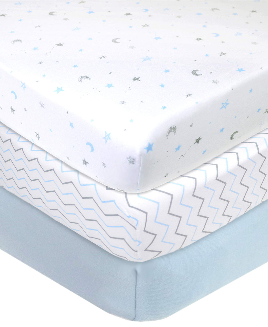 American Baby Company 3 Pack 100% Natural Cotton Fitted Crib Sheets 52" x 28" - Soft, Breathable, Hypoallergenic & Gentle Toddler Bed Sheets, Blue Star/Zigzag, Neutral for Boys & Girls
