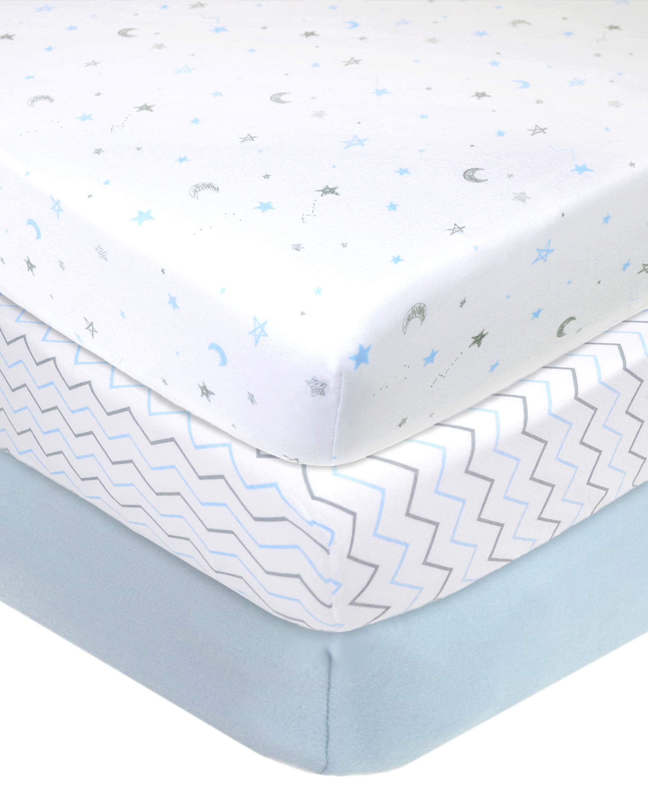 American Baby Company 3 Pack 100% Natural Cotton Fitted Crib Sheets 52" x 28" - Soft, Breathable, Hypoallergenic & Gentle Toddler Bed Sheets, Blue Star/Zigzag, Neutral for Boys & Girls