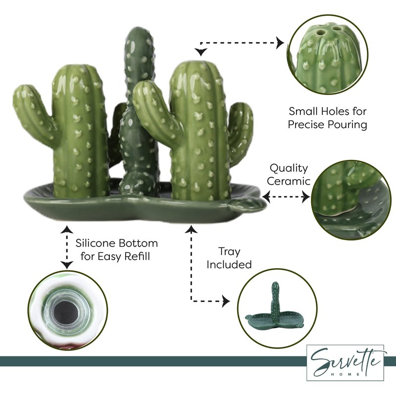 Ceramic Salt & Pepper Shakers Collectors Kitchen Décor with Tray - Cactus