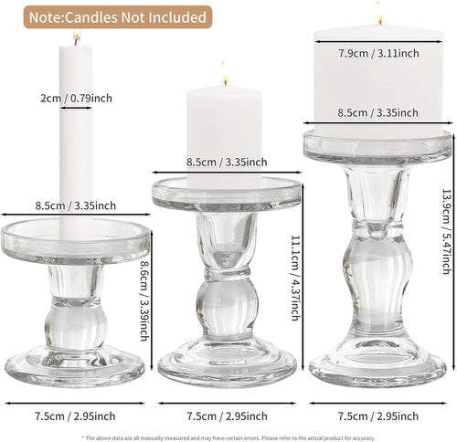 Crystal Clear Glass Candle Holders by [Brand Name] - Elegant 3-Piece Set for Pillar, Taper & Tea Light Candles